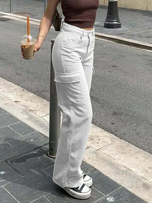 women's high waist cargo jeans with pockets