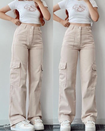 women's high waist cargo jeans with pockets