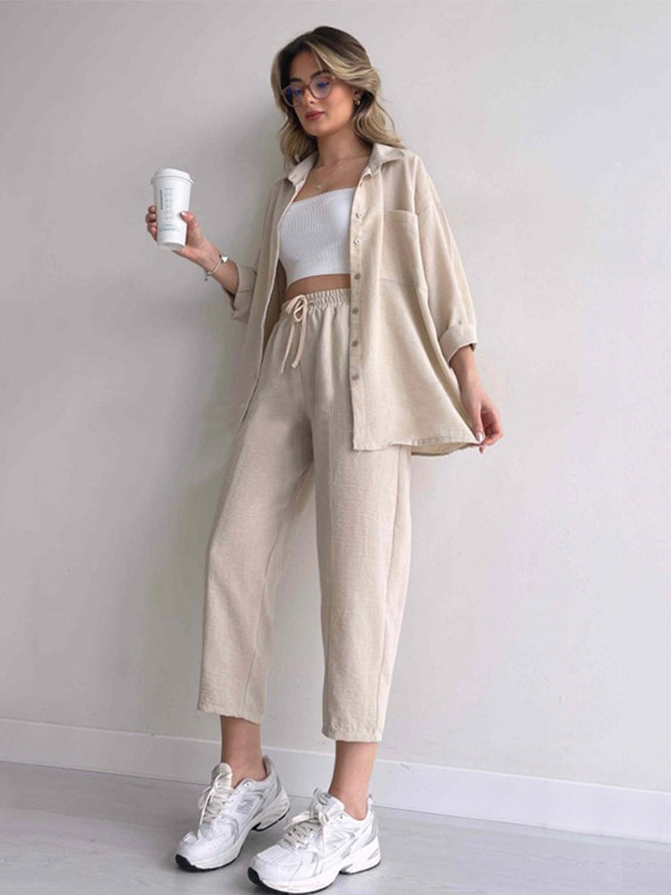 Beige women's linen two-piece set, product photo