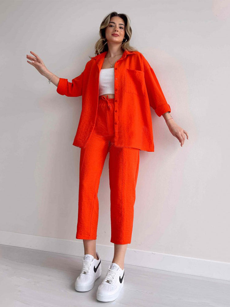 Orange women's linen two-piece set, product photo 2