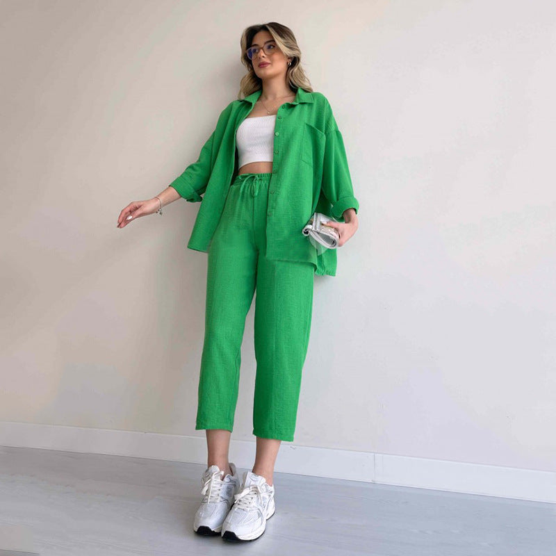 Green women's linen two-piece set, product photo 4