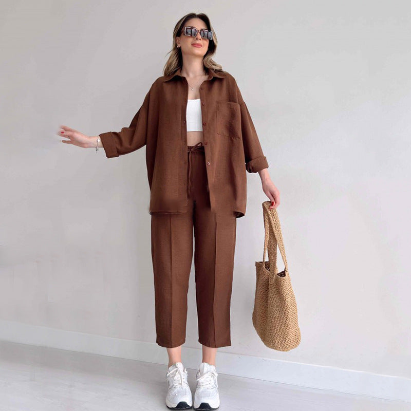 Brown women's linen two-piece set, product photo 5