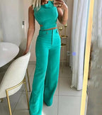 Women's cropped top and high waist pants set, available in multiple colourways, product photo