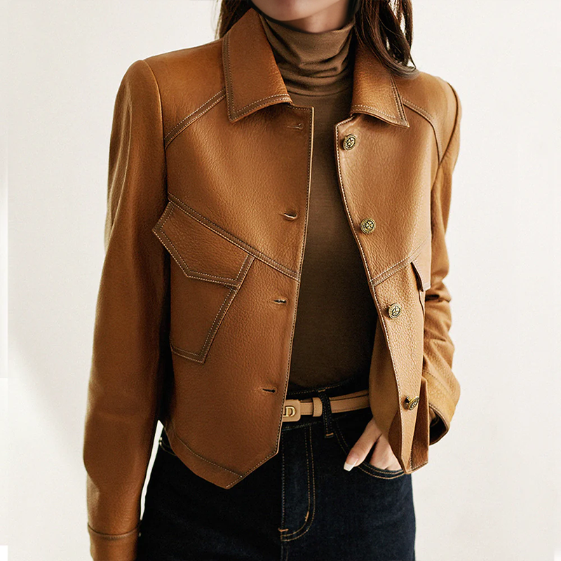 Women's brown leather jacket with collar and front pockets