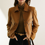 Women's brown leather jacket with collar and front pockets