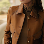 Women's brown leather jacket with collar and front pockets
