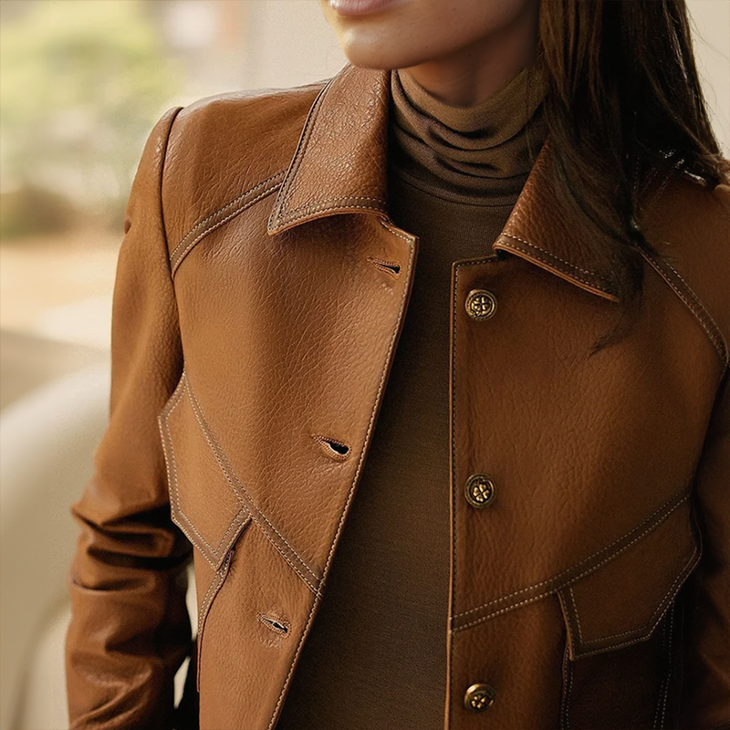 Women's brown leather jacket with collar and front pockets