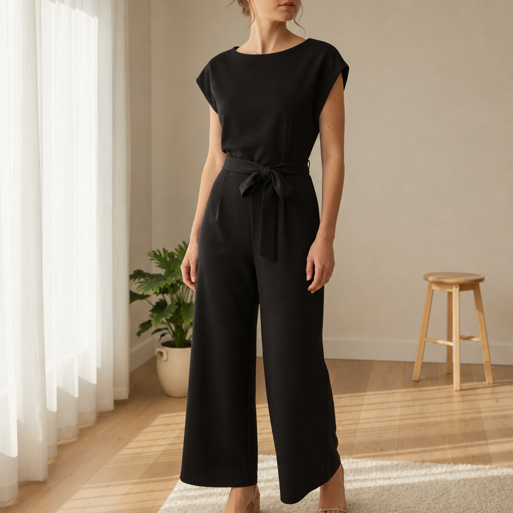 Wide-leg jumpsuit in Black, showing the self-tie waist belt.