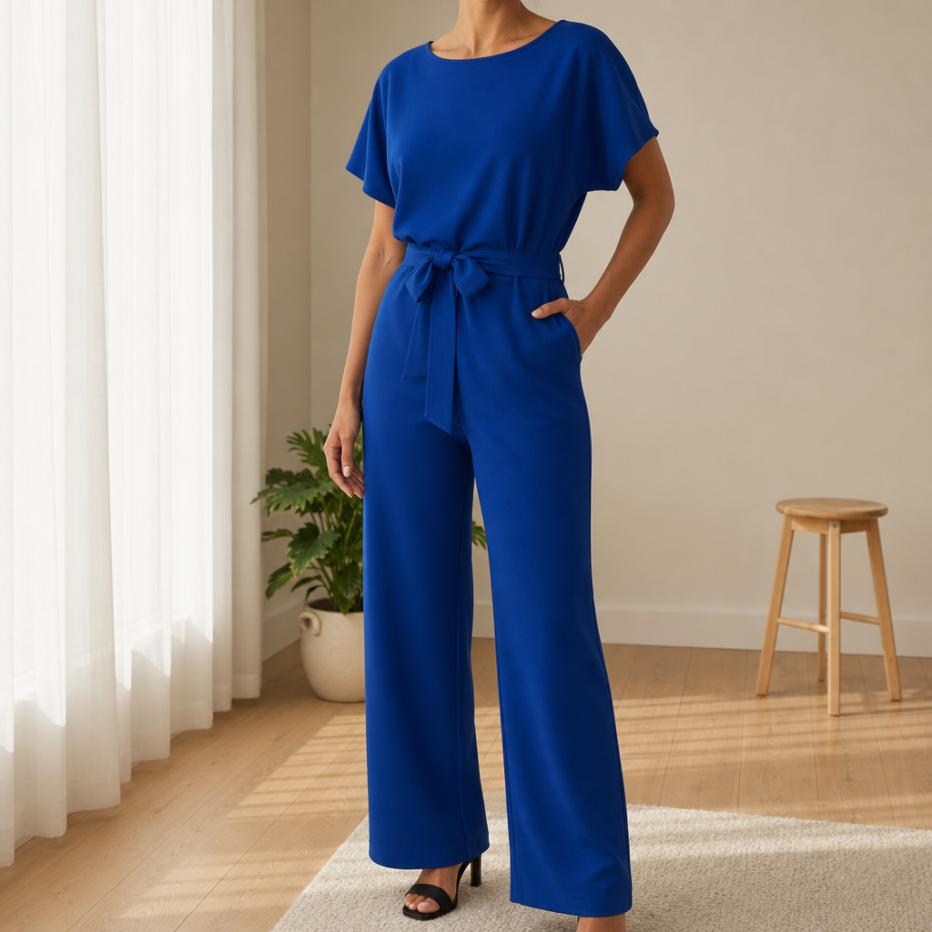 Wide-leg jumpsuit in Royal Blue, showing the flowing wide-leg trousers.