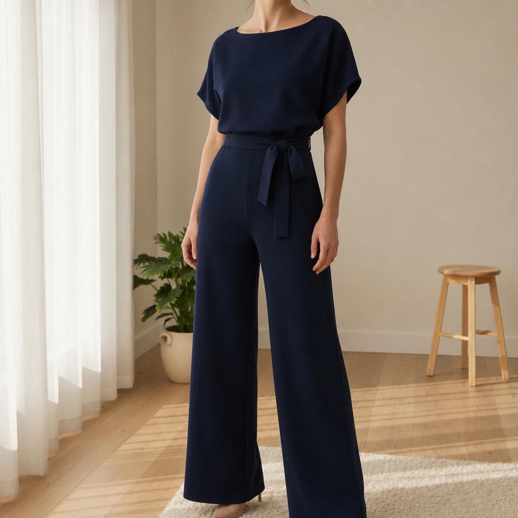 Wide-leg jumpsuit in Navy Blue, showing the stretch ponte knit fabric.