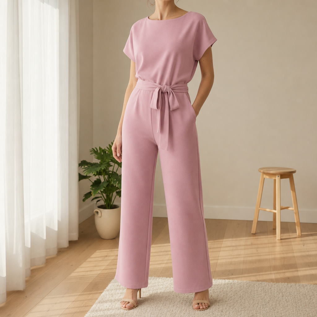 Wide-leg jumpsuit in Baby Pink, showing the boat neckline and cap sleeves.