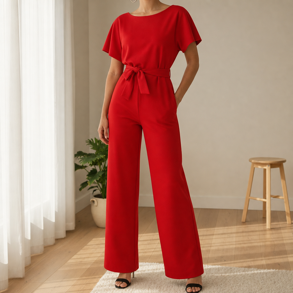 Wide-leg jumpsuit in Red, showing the self-tie waist belt.