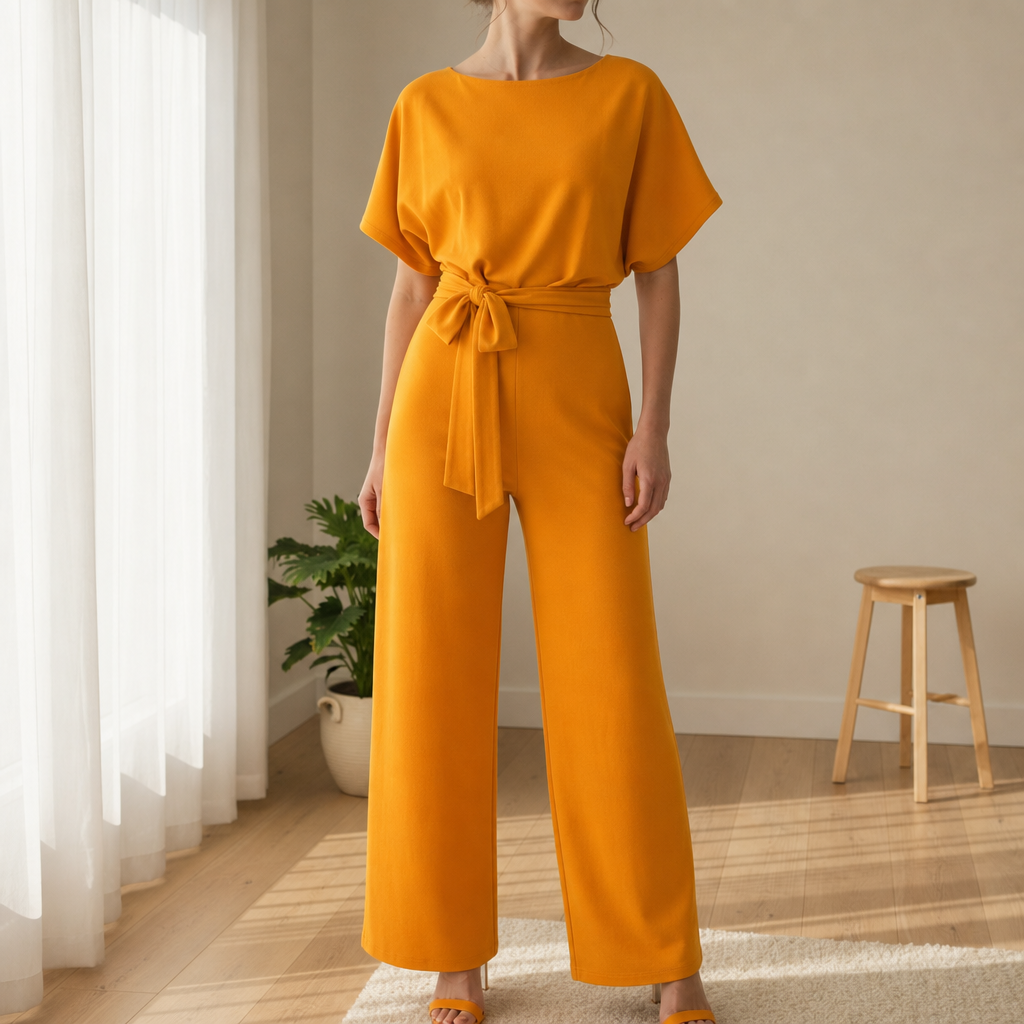 Wide-leg jumpsuit in Marigold, showing the flowing wide-leg trousers.