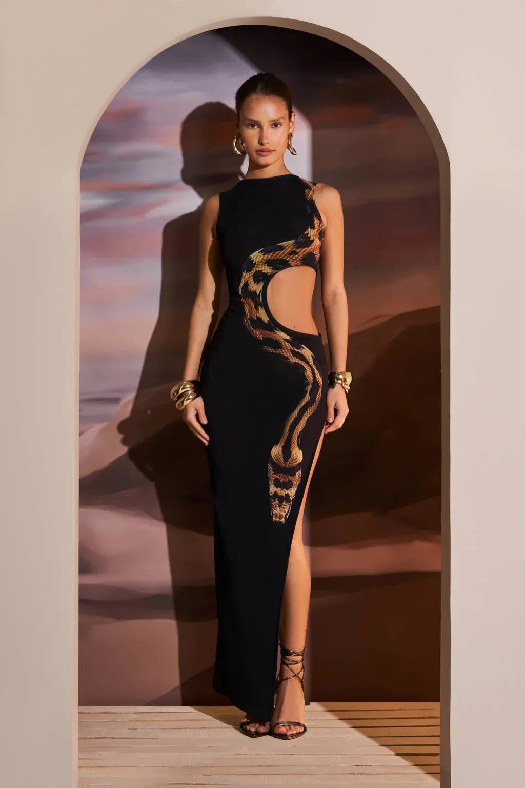 Front view of the Black maxi dress, styled for an everyday transitional outfit