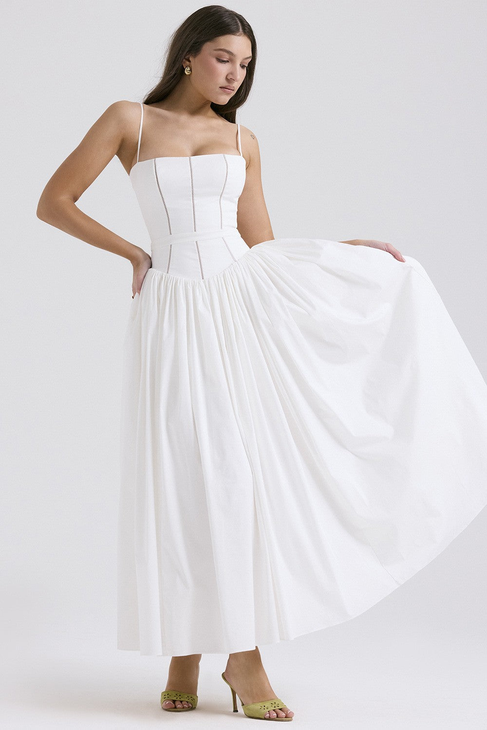 Women's white midi dress strapless pleated
