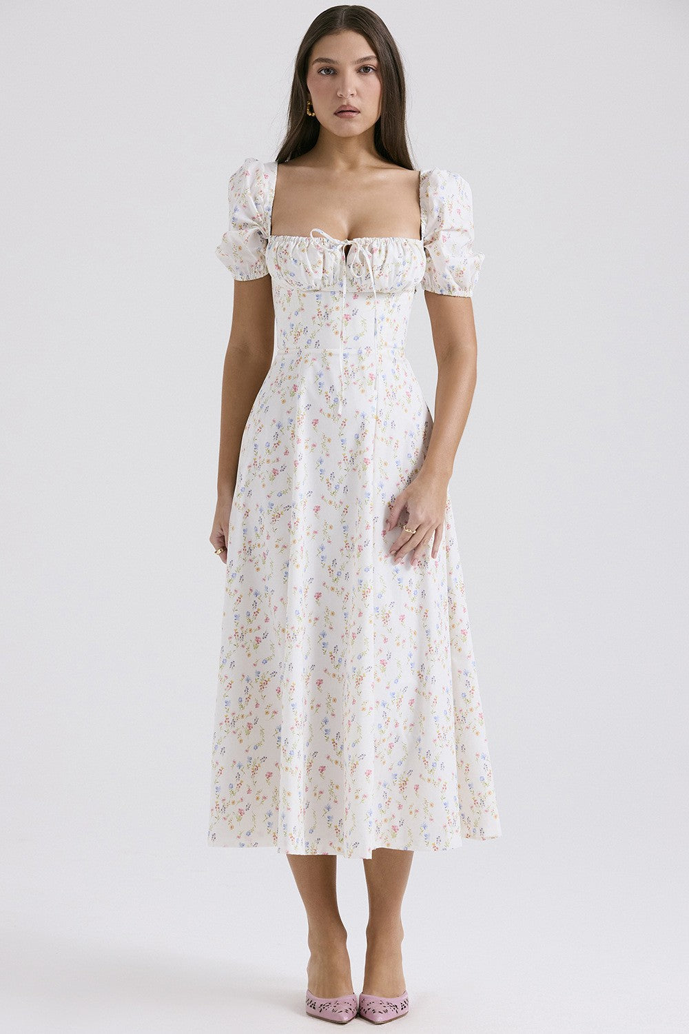 Women's white ditsy floral midi dress strapless pleated