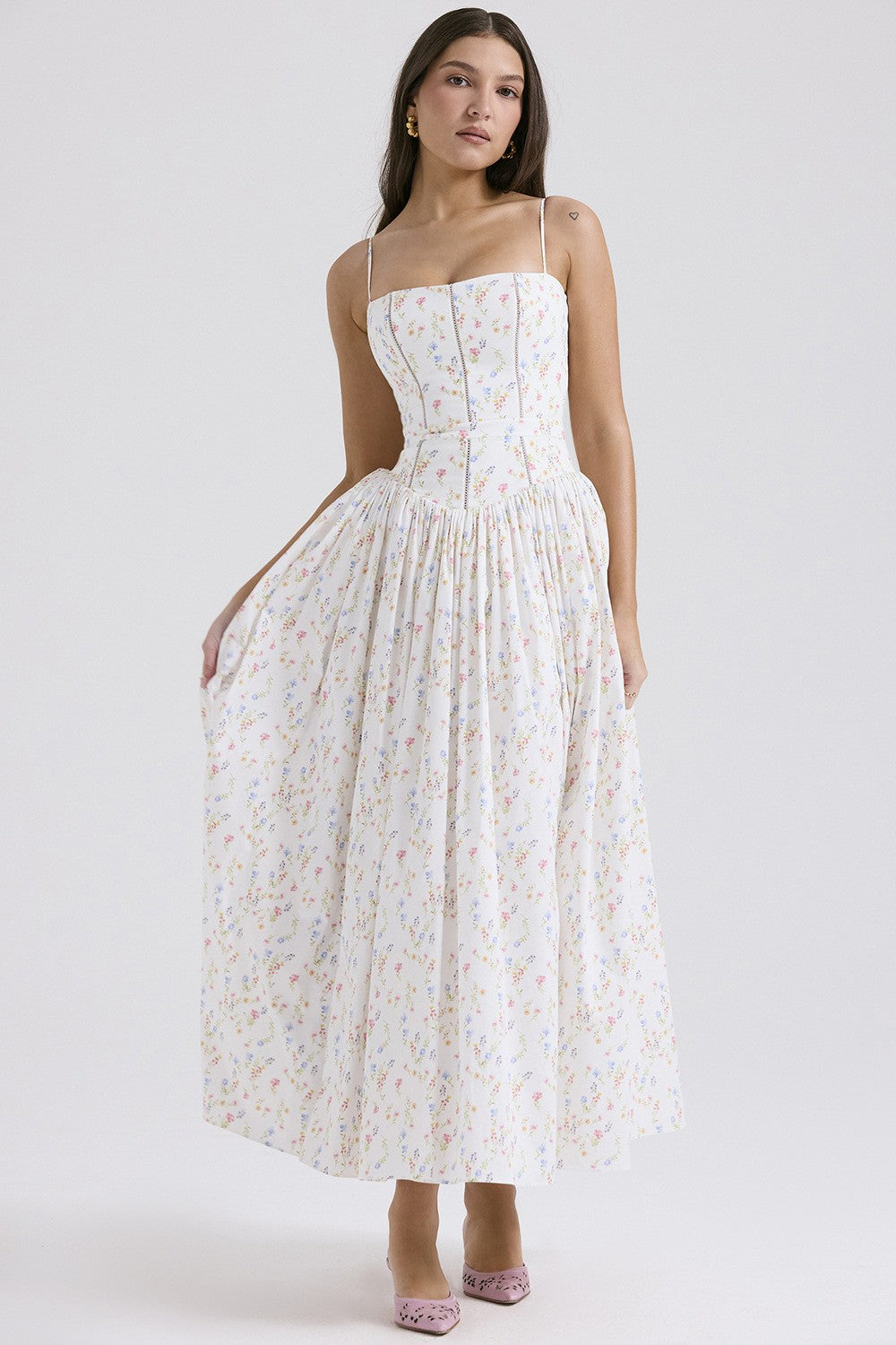 Women's white ditsy floral midi dress strapless pleated