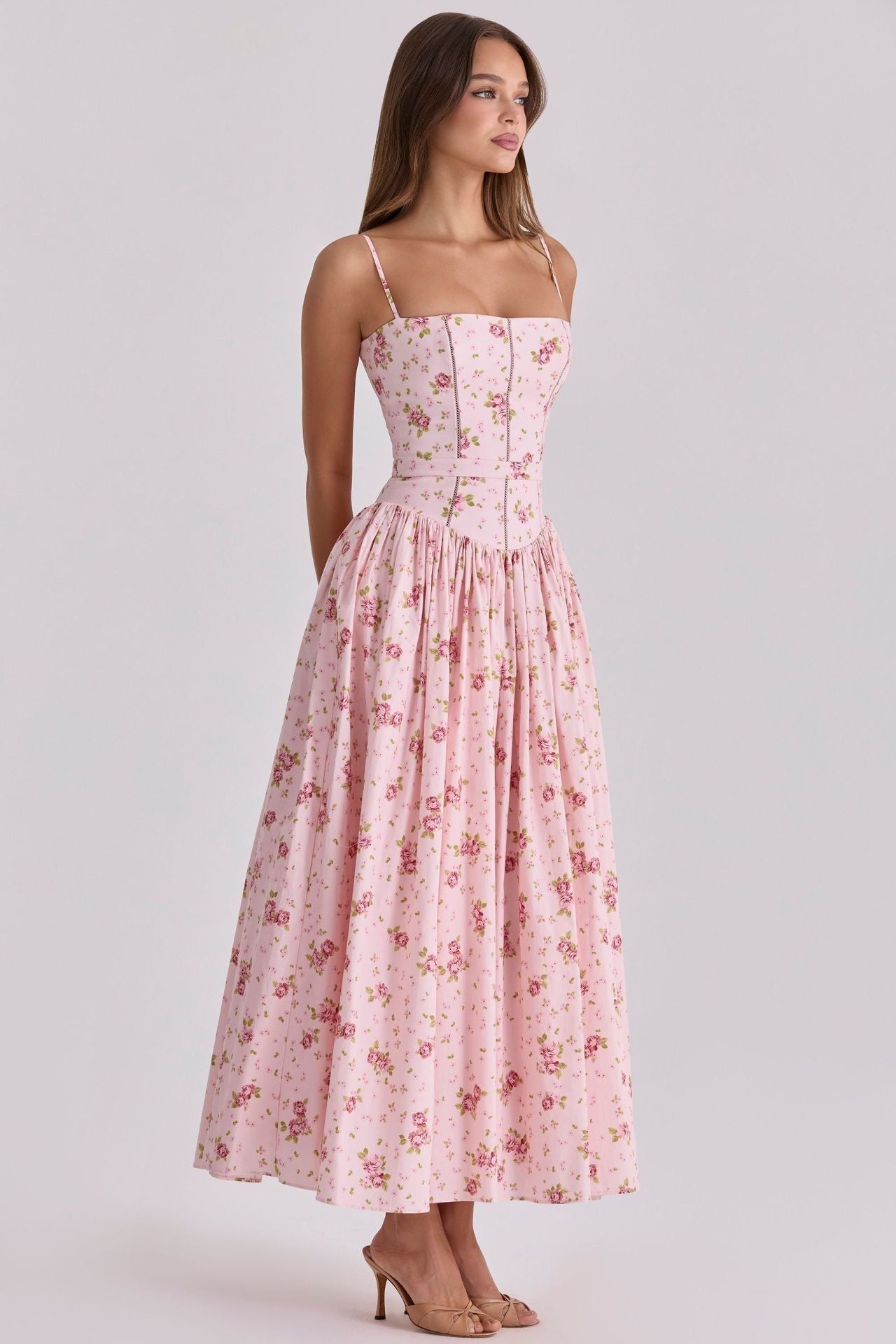 Women's white ditsy floral midi dress strapless pleated
