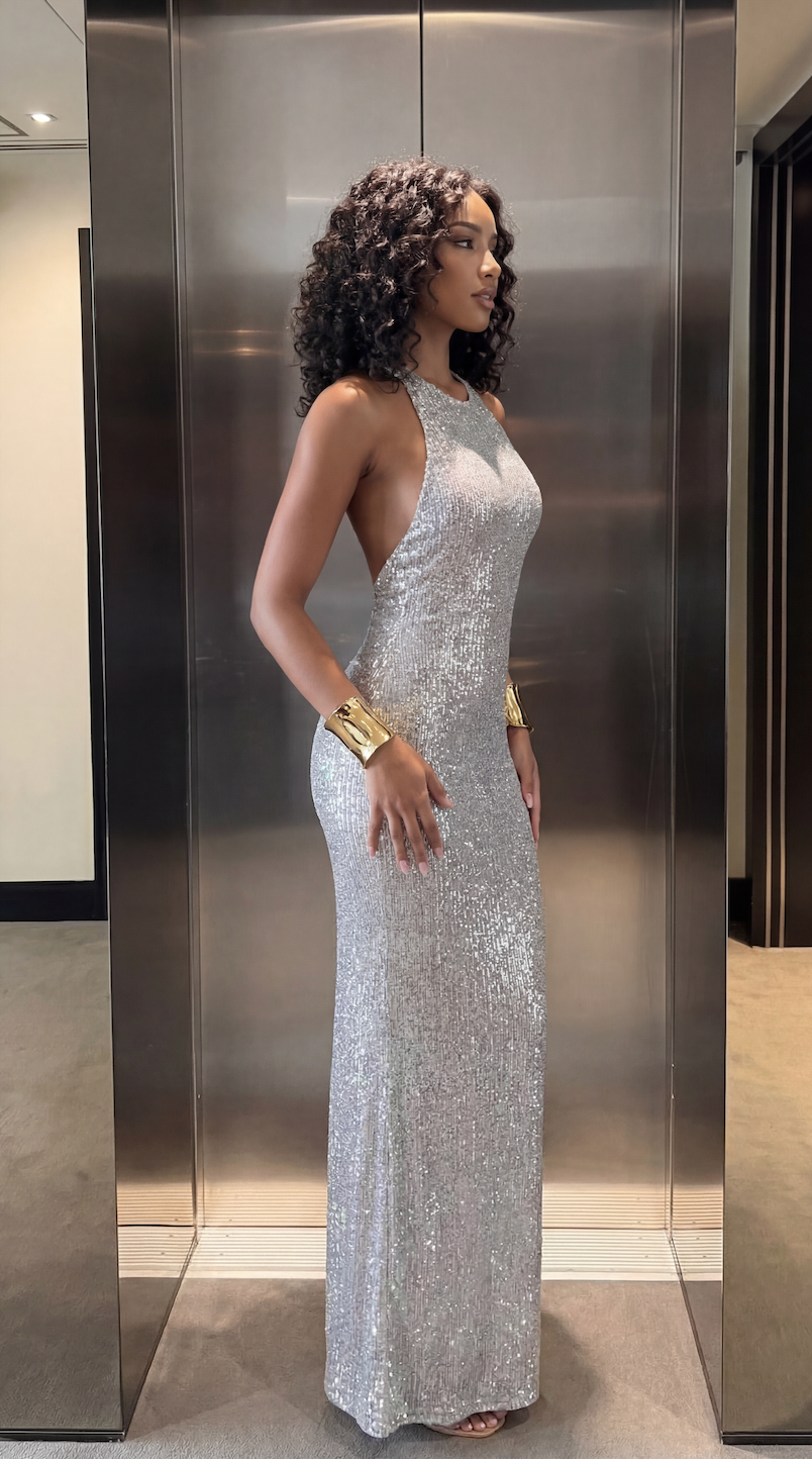 Silver sequin halter maxi dress, product photo 3