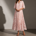 Pink floral lace V-neck maxi dress with half sleeves and a scalloped hem