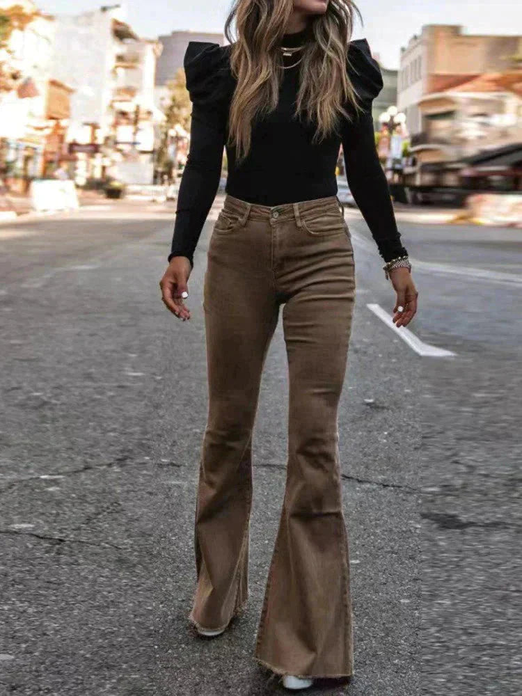 women's high waist flared corduroy trousers