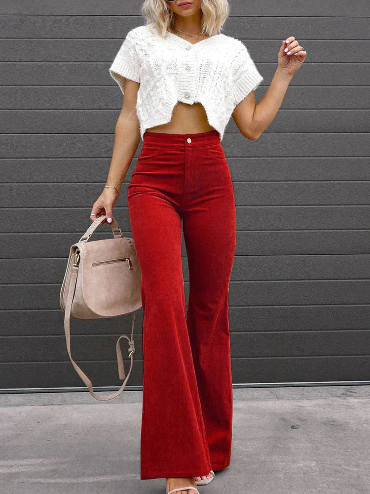 women's high waist flared corduroy trousers
