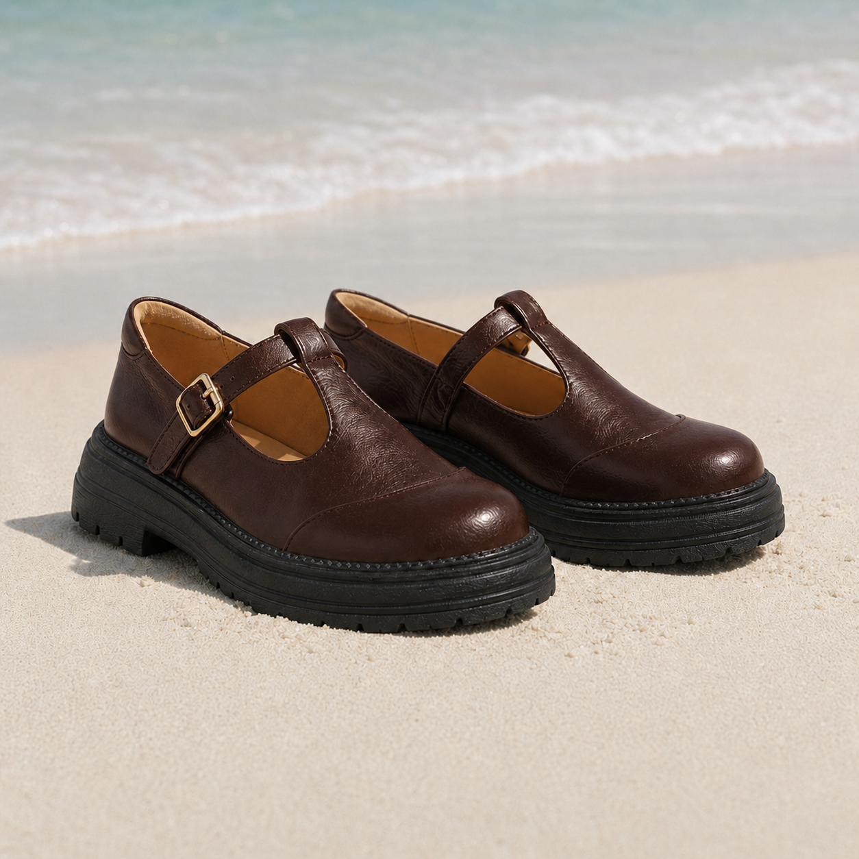Front view of the Brown Mary Jane flats, styled for an everyday transitional outfit