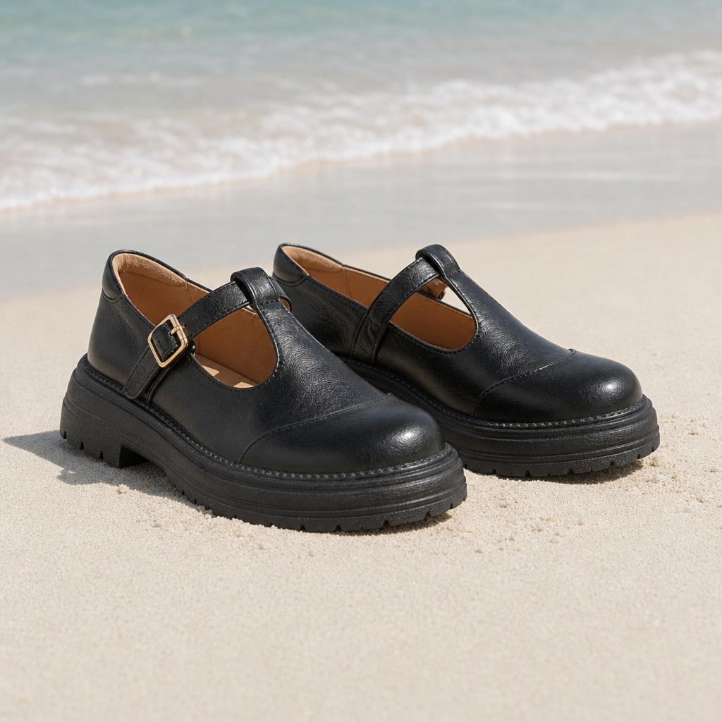Close-up of the Black Mary Jane flats showing the fabric texture and finish in detail