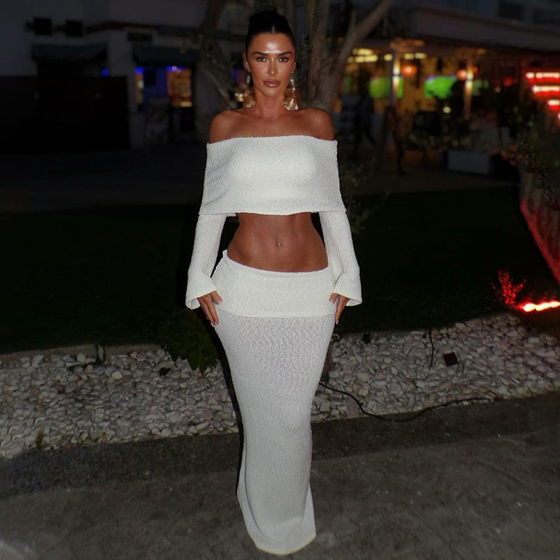 Ivory two-piece set, off-the-shoulder Bardot neckline detail