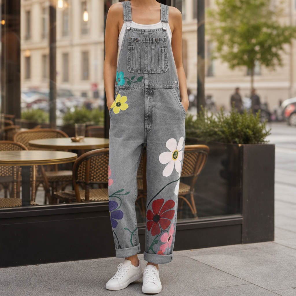 Denim overalls in Grey, showing the floral print finish.
