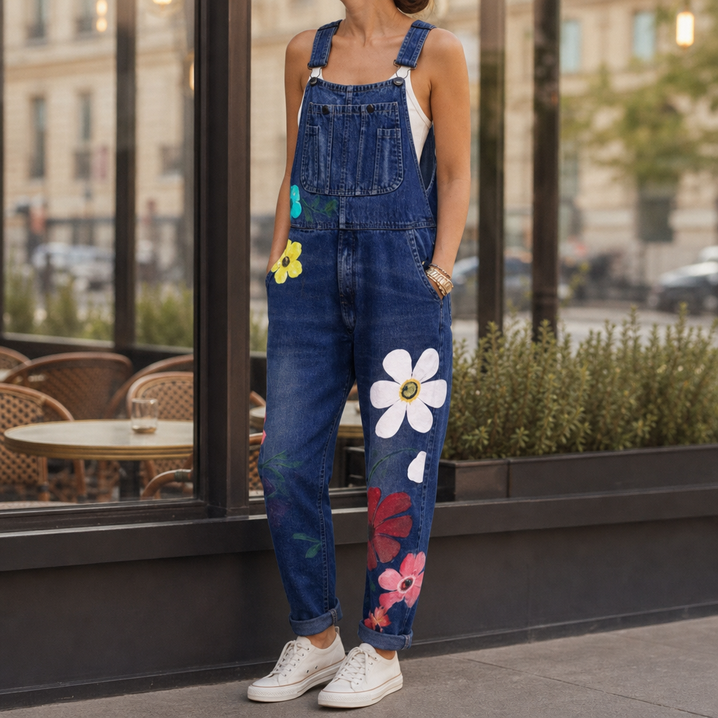 Denim overalls in Dark Blue, showing the adjustable shoulder straps.