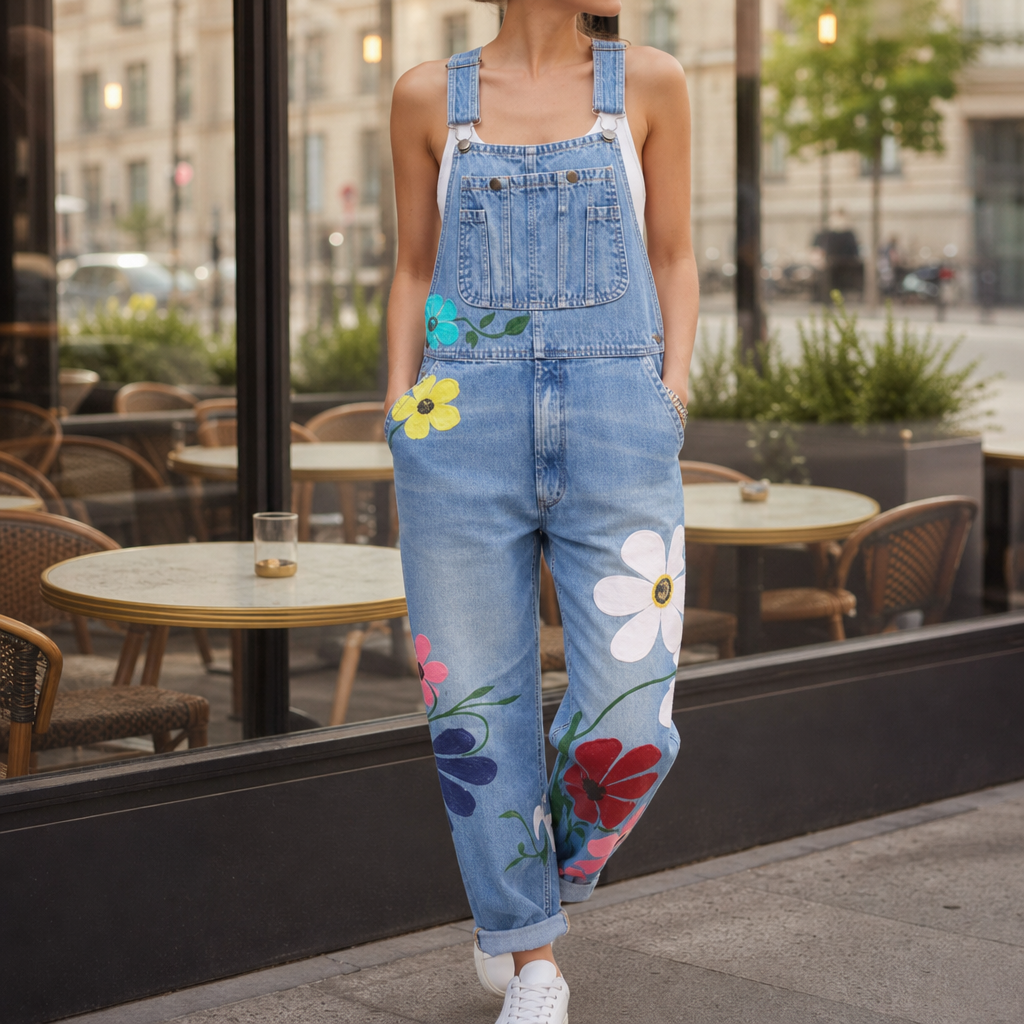 Denim overalls in Light Blue, showing the roomy front pockets.