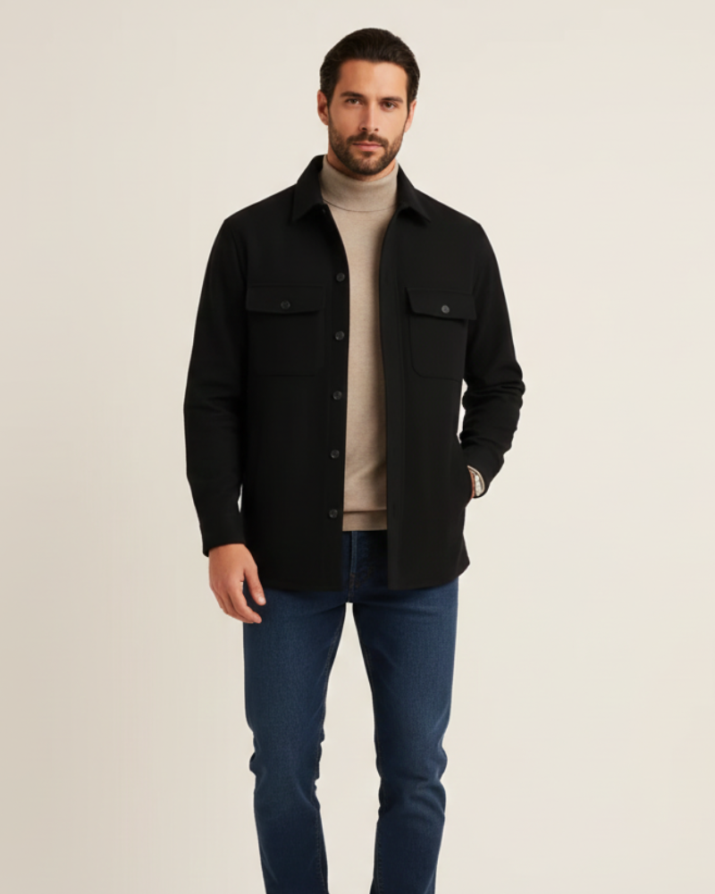 Men's black cotton overshirt shacket with regular fit