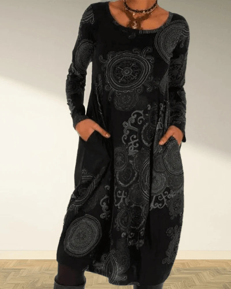 Women's Relaxed Bohemian Midi Dress for Summer Getaways — Black