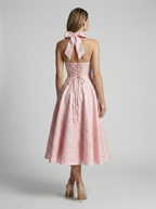 Women’s pink women's jacquard midi dress halterneck