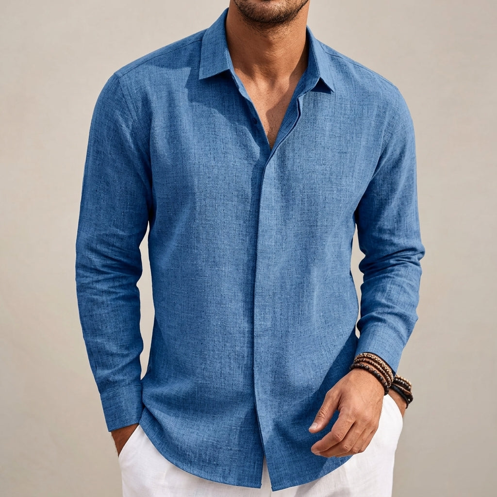 Men's Linen Button-Up Shirt in blue, product photo