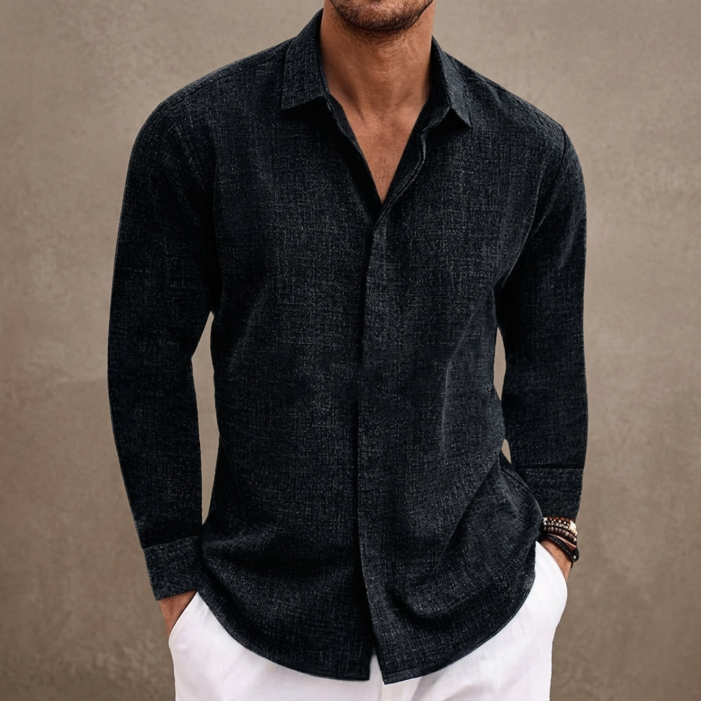 Men's Linen Button-Up Shirt in black, product photo