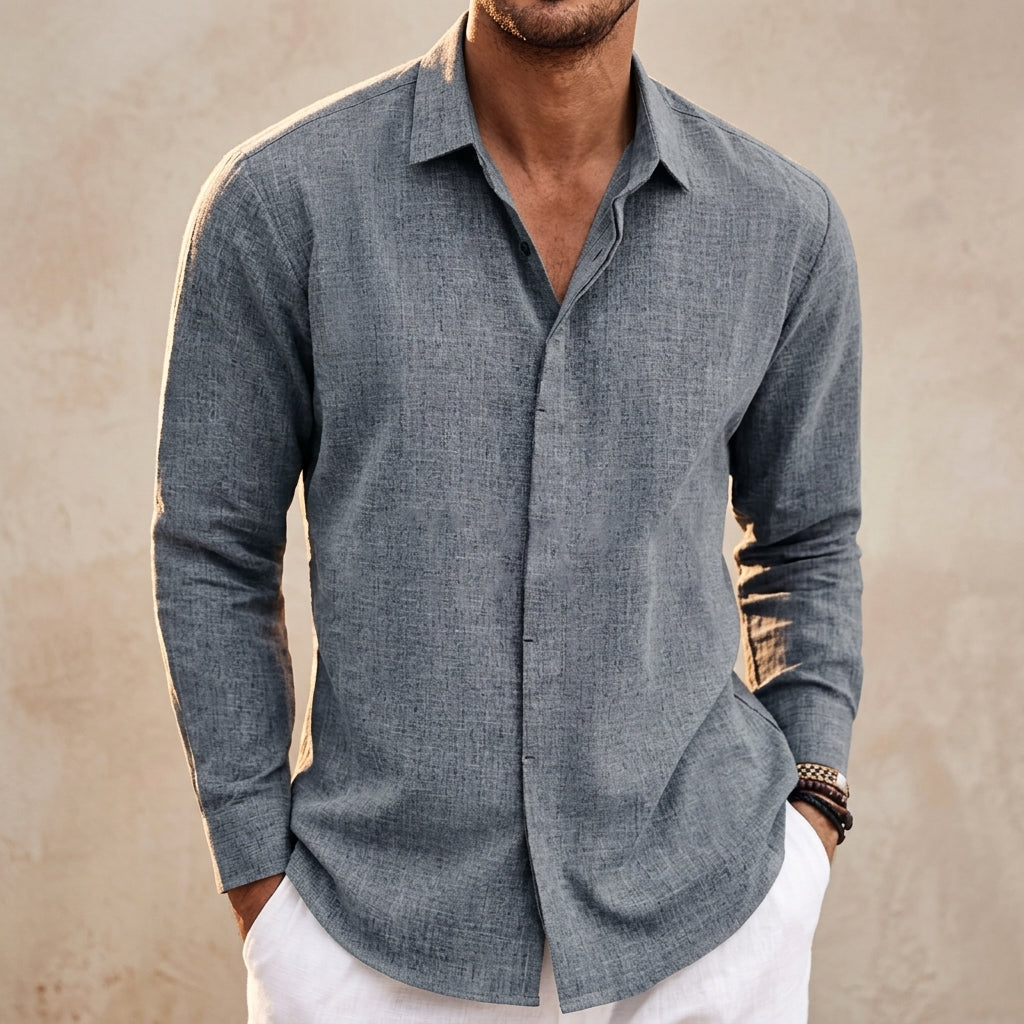 Men's Linen Button-Up Shirt in grey, product photo