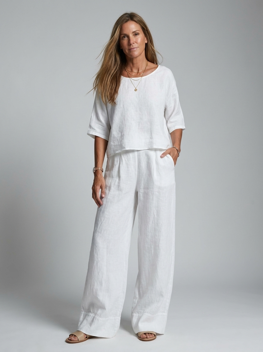 Women’s white women's linen two piece set wide leg