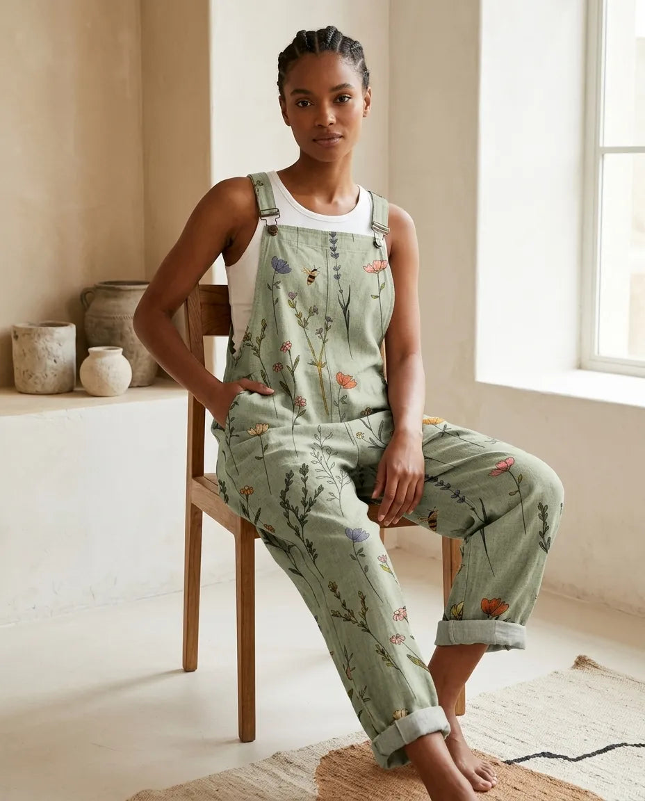 Women's green jumpsuit botanical print with