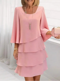 Women's pink ruffle dress layered a-line round-neck