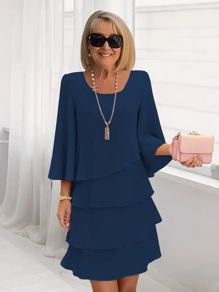 Women's pink ruffle dress layered a-line round-neck