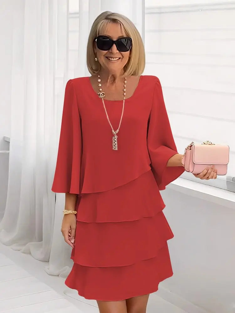 Women's pink ruffle dress layered a-line round-neck