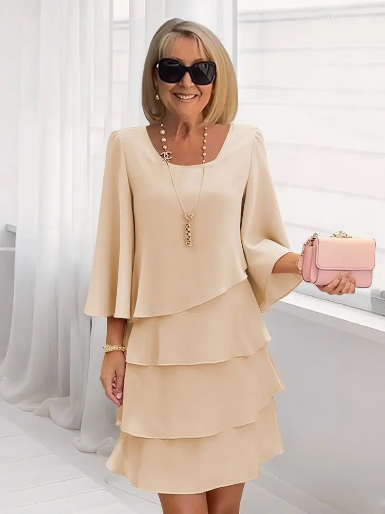 Women's pink ruffle dress layered a-line round-neck