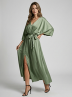 Women’s green women's maxi dress slit tie belt v-neck