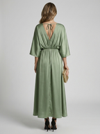 Women’s green women's maxi dress slit tie belt v-neck