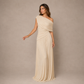 Beige sheer maxi dress with an asymmetrical neckline, front view