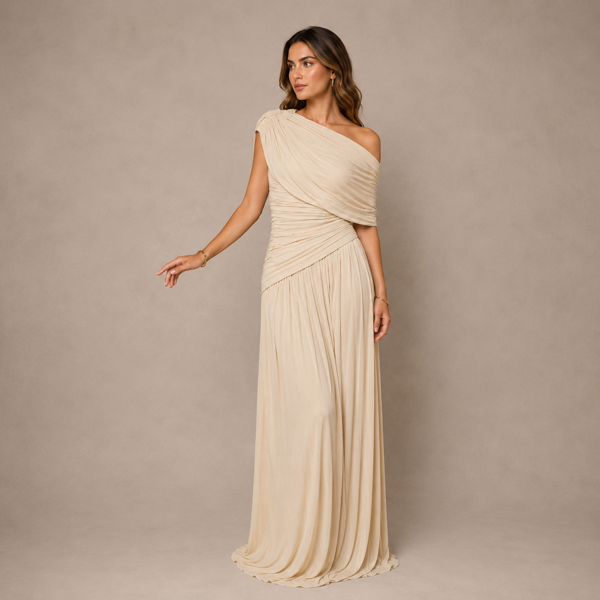 Beige sheer maxi dress with an asymmetrical neckline, front view