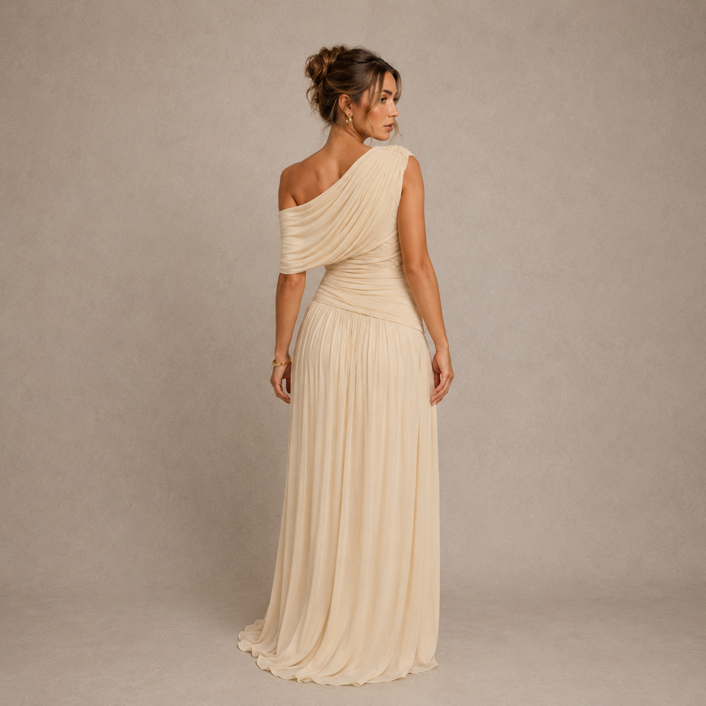 Close-up of the beige sheer maxi dress panel detailing