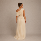 Close-up of the beige sheer maxi dress panel detailing